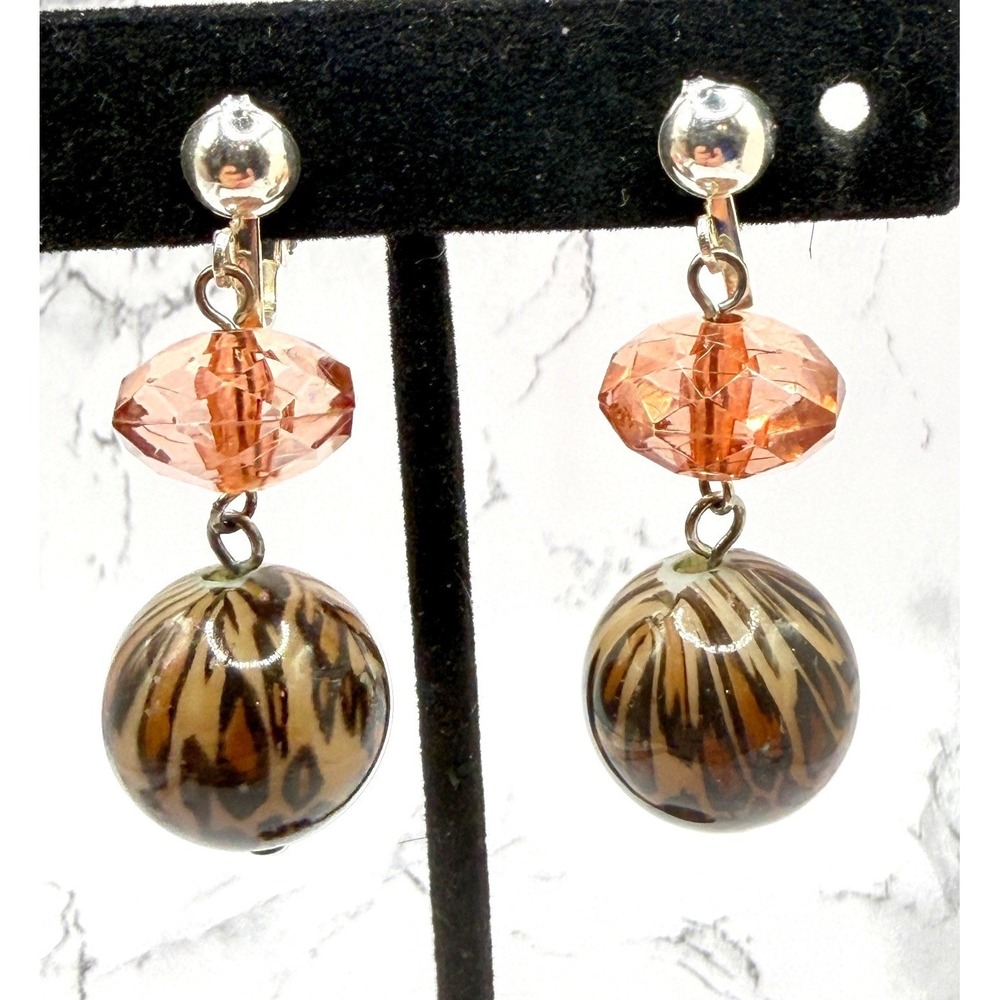 Animal Print Bead Clip On Earrings Peach Glass Bead Dangle 2 Inch